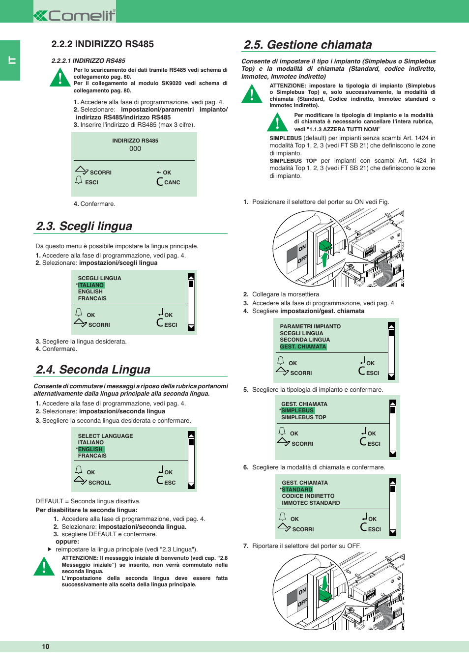 Scegli lingua, Seconda lingua, Gestione chiamata | 2 indirizzo rs485 | Comelit MT 3451 User Manual | Page 10 / 80