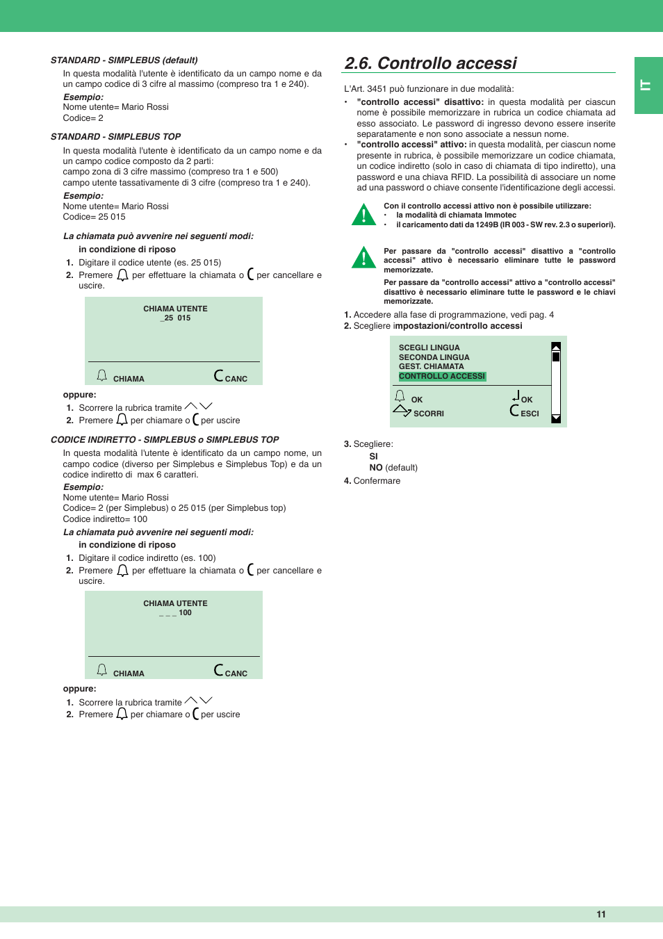 Controllo accessi | Comelit MT 3451 User Manual | Page 11 / 80