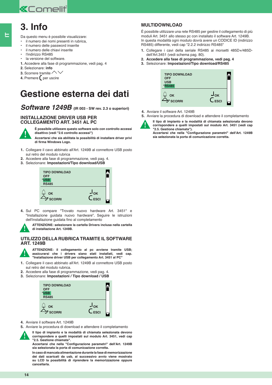 Gestione esterna dei dati, Info, Software 1249b | Multidownload | Comelit MT 3451 User Manual | Page 14 / 80