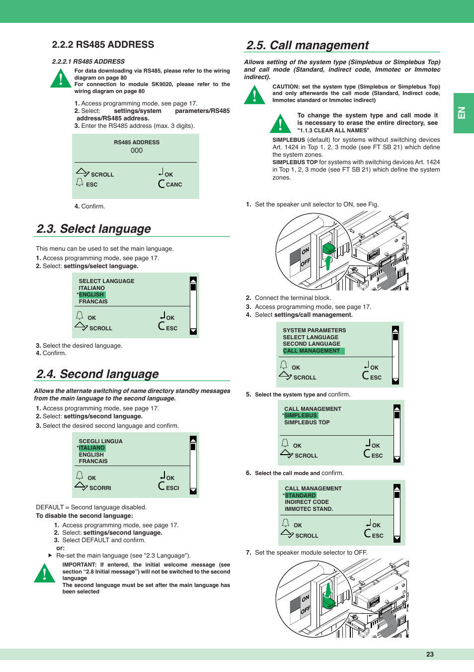 Select language, Second language, Call management | Comelit MT 3451 User Manual | Page 23 / 80