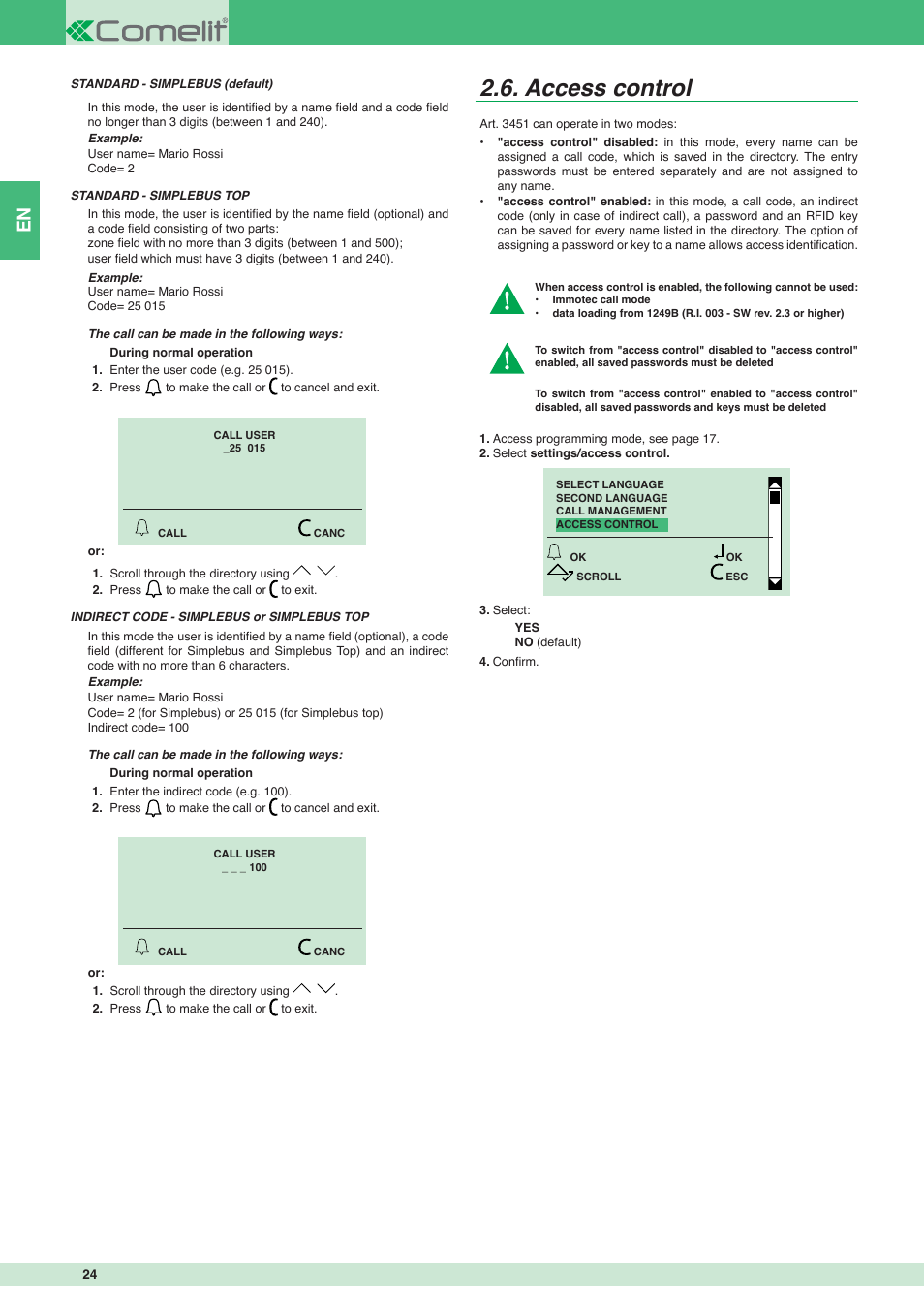 Access control | Comelit MT 3451 User Manual | Page 24 / 80