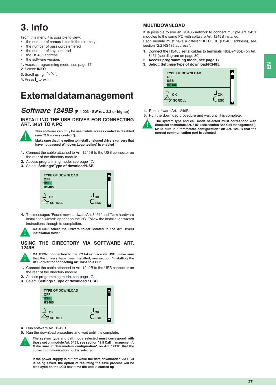 External data management, Info, Software 1249b | Using the directory via software art. 1249b, Multidownload | Comelit MT 3451 User Manual | Page 27 / 80