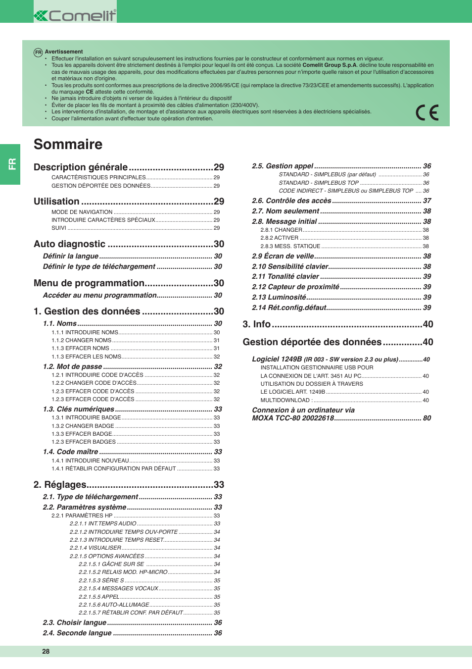 Sommaire, Info gestion déportée des données, Description générale | Utilisation, Auto diagnostic, Menu de programmation, Gestion des données, Réglages | Comelit MT 3451 User Manual | Page 28 / 80