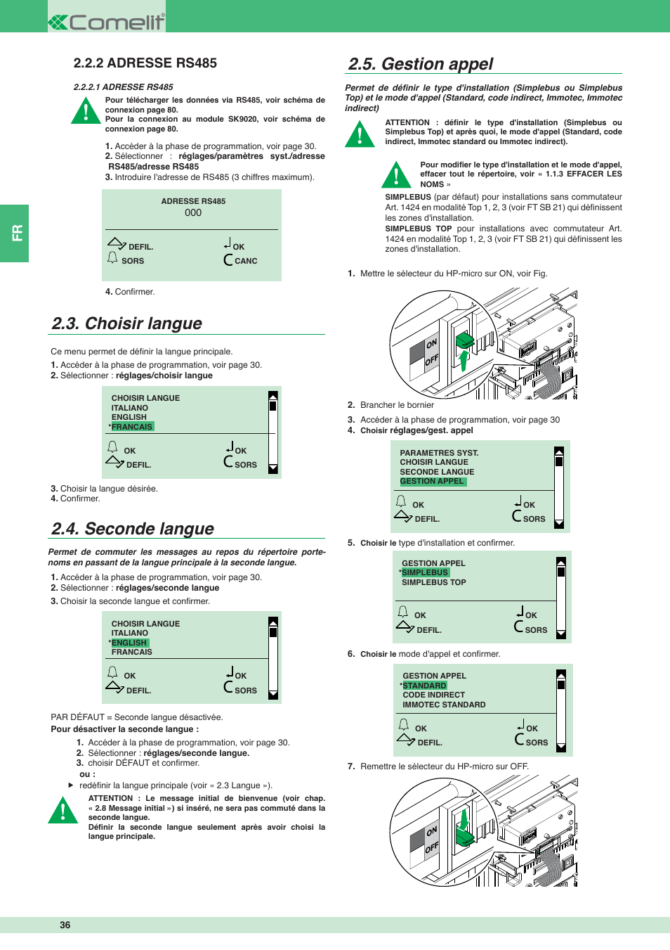 Choisir langue, Seconde langue, Gestion appel | Comelit MT 3451 User Manual | Page 36 / 80