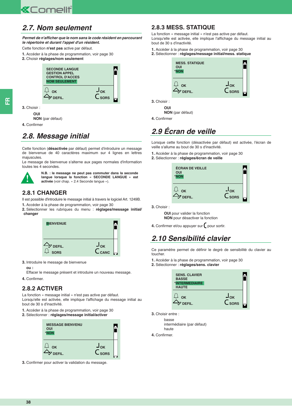 Nom seulement 2.8. message initial, 9 écran de veille, 10 sensibilité clavier | 1 changer, 2 activer, 3 mess. statique | Comelit MT 3451 User Manual | Page 38 / 80