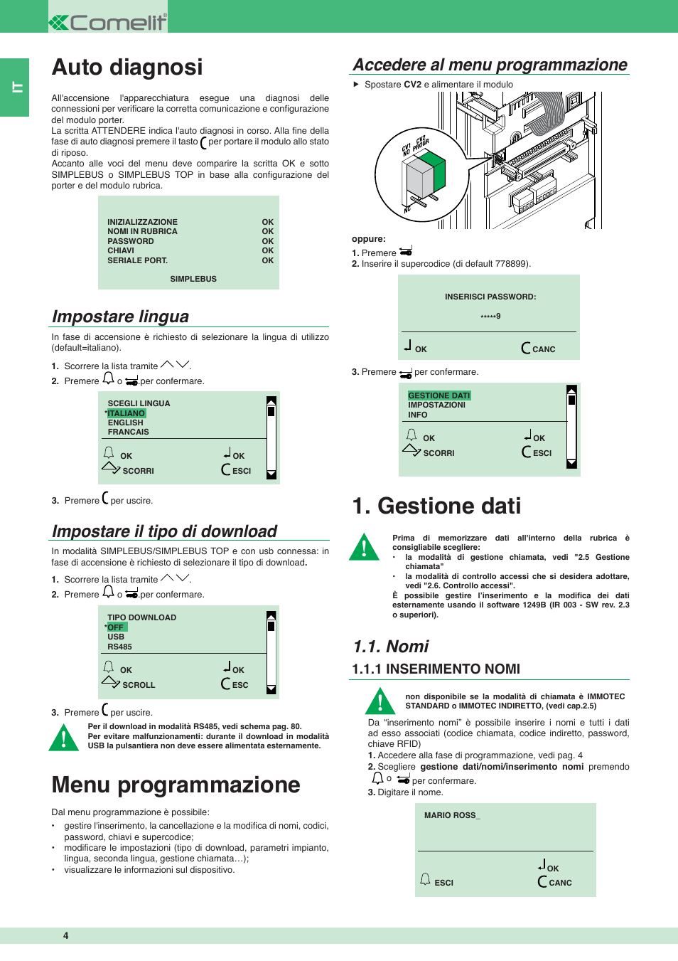 Auto diagnosi, Menu programmazione, Gestione dati | Impostare lingua impostare il tipo di download, Accedere al menu programmazione, Nomi, 1 inserimento nomi | Comelit MT 3451 User Manual | Page 4 / 80