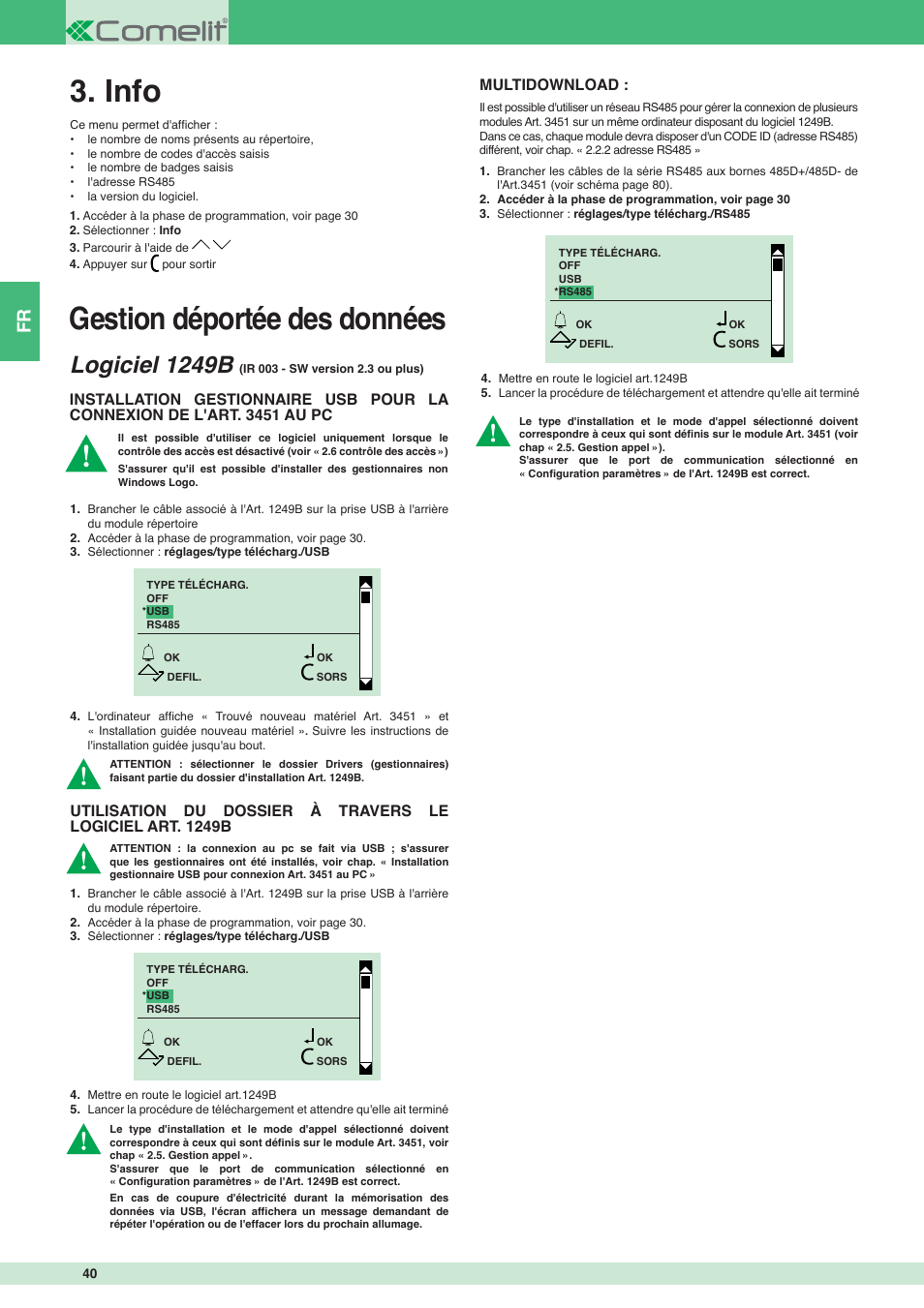 Gestion déportée des données, Info, Logiciel 1249b | Multidownload | Comelit MT 3451 User Manual | Page 40 / 80