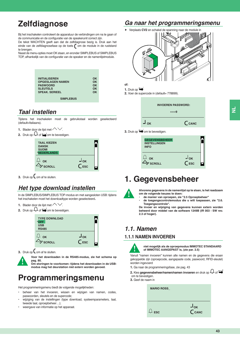 Zelfdiagnose, Programmeringsmenu, Gegevensbeheer | Taal instellen het type download instellen, Ga naar het programmeringsmenu, Namen, 1 namen invoeren | Comelit MT 3451 User Manual | Page 43 / 80