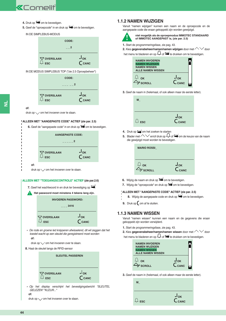 2 namen wijzigen 1.1.3 namen wissen | Comelit MT 3451 User Manual | Page 44 / 80