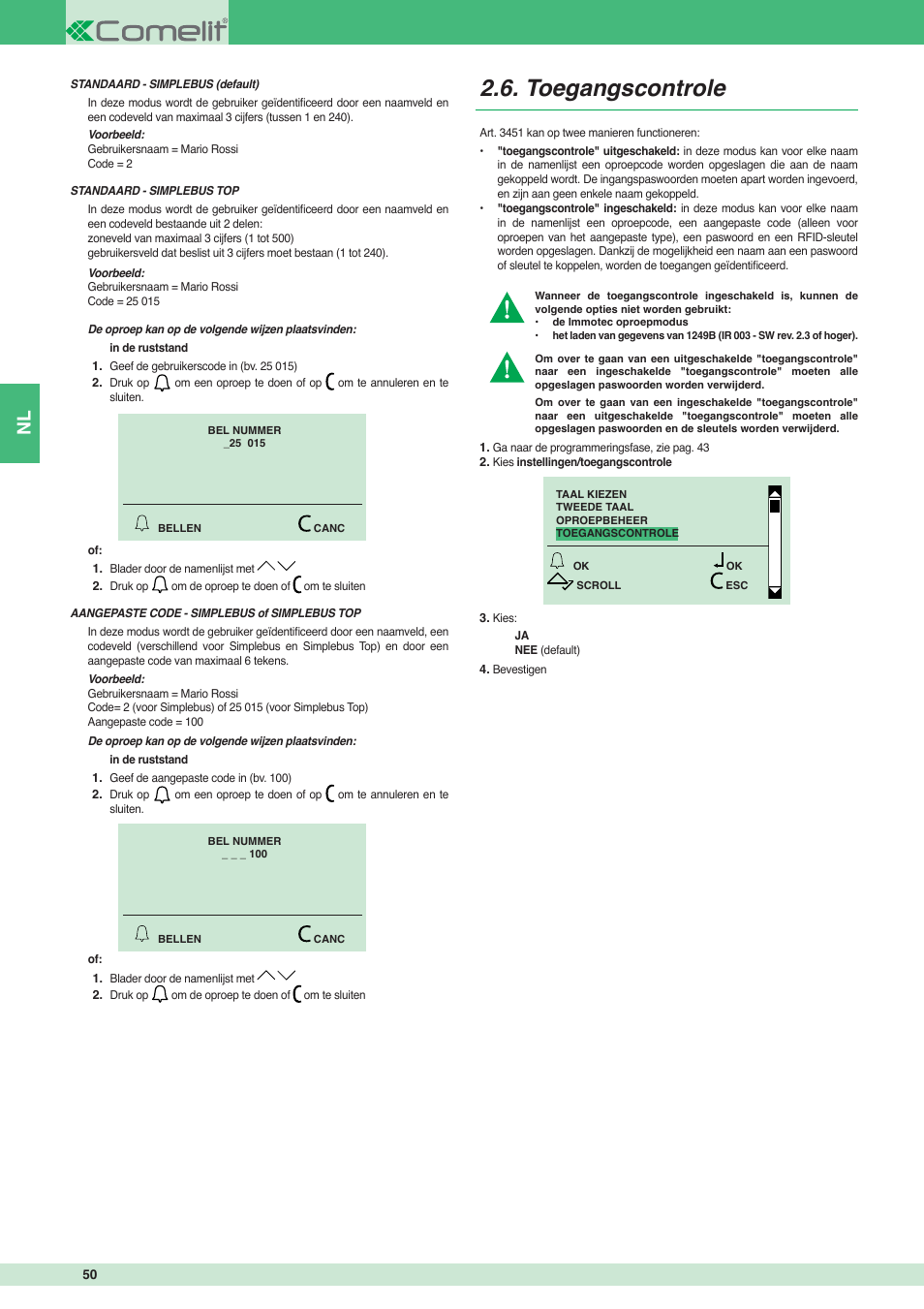 Toegangscontrole | Comelit MT 3451 User Manual | Page 50 / 80