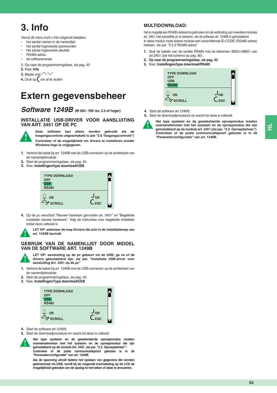 Extern gegevensbeheer, Info, Software 1249b | Multidownload | Comelit MT 3451 User Manual | Page 53 / 80