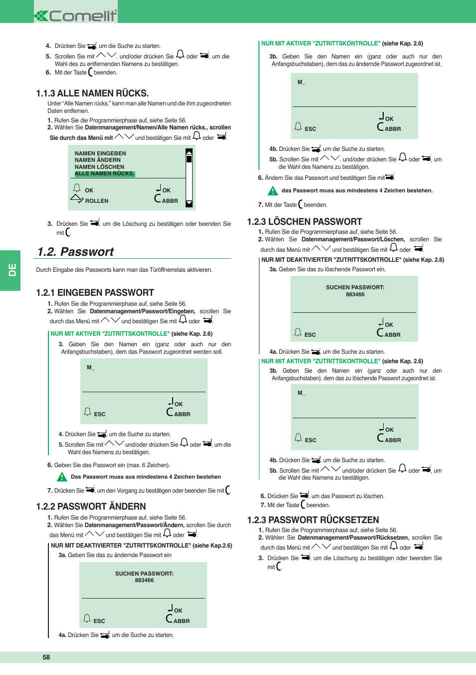 Passwort, 3 alle namen rücks, 1 eingeben passwort 1.2.2 passwort ändern | 3 löschen passwort, 3 passwort rücksetzen | Comelit MT 3451 User Manual | Page 58 / 80