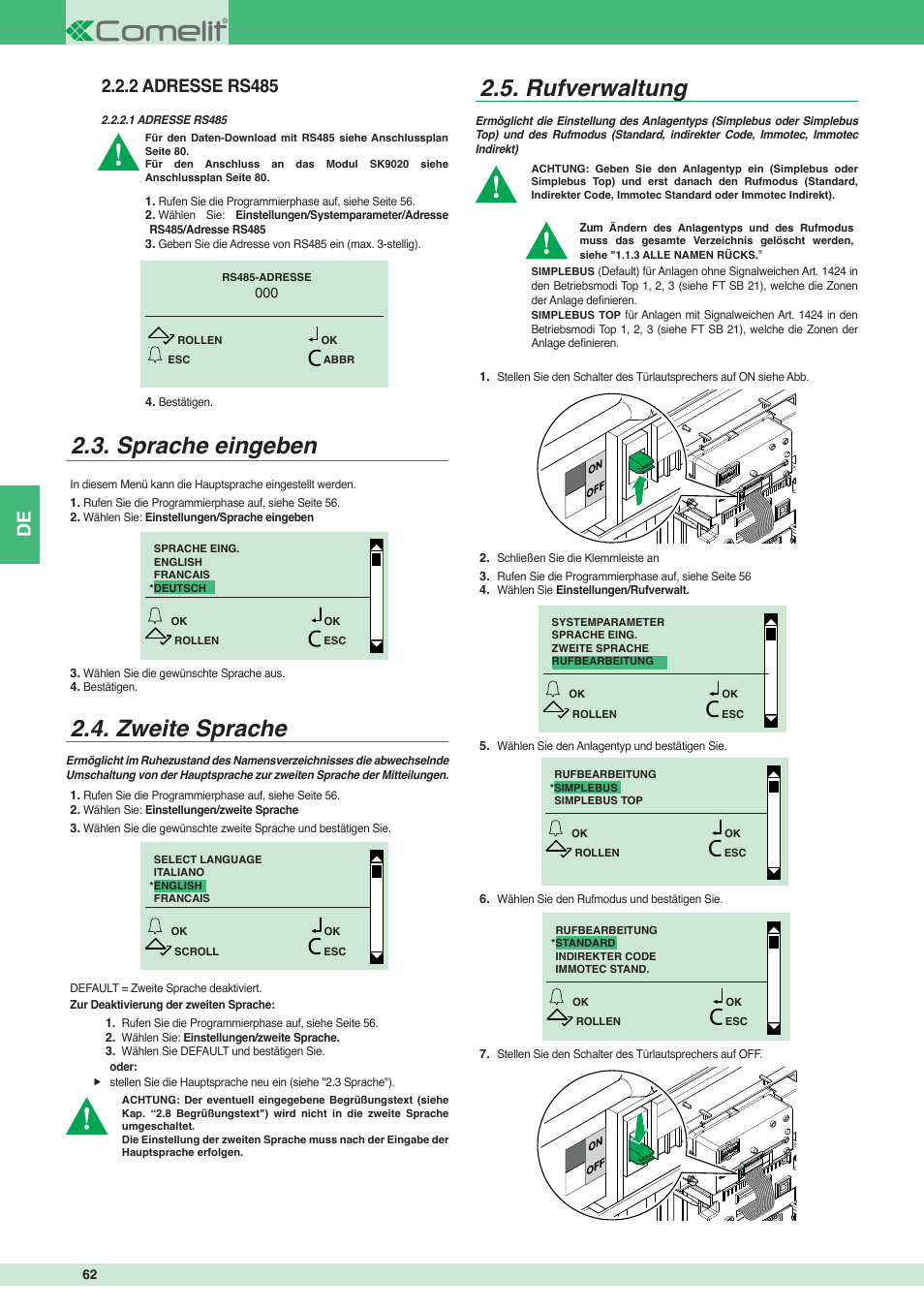 Sprache eingeben, Zweite sprache, Rufverwaltung | 2 adresse rs485 | Comelit MT 3451 User Manual | Page 62 / 80