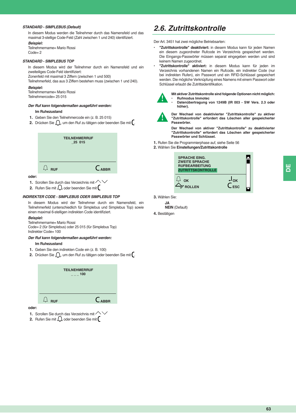 Zutrittskontrolle | Comelit MT 3451 User Manual | Page 63 / 80