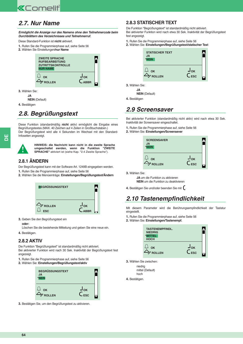Nur name 2.8. begrüßungstext, 9 screensaver, 10 tastenempfi ndlichkeit | 1 ändern, 2 aktiv, 3 statischer text | Comelit MT 3451 User Manual | Page 64 / 80
