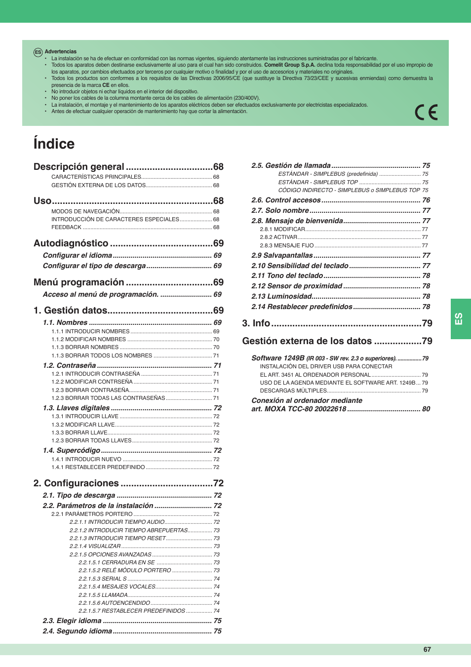 Índice, Info gestión externa de los datos, Descripción general | Autodiagnóstico, Menú programación, Gestión datos, Confi guraciones | Comelit MT 3451 User Manual | Page 67 / 80