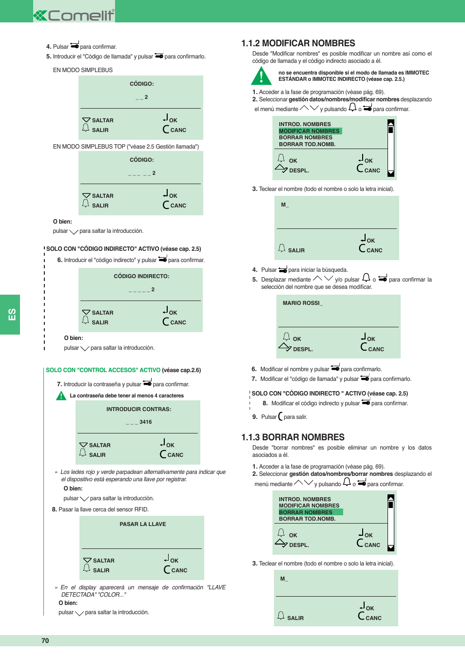 2 modificar nombres 1.1.3 borrar nombres | Comelit MT 3451 User Manual | Page 70 / 80