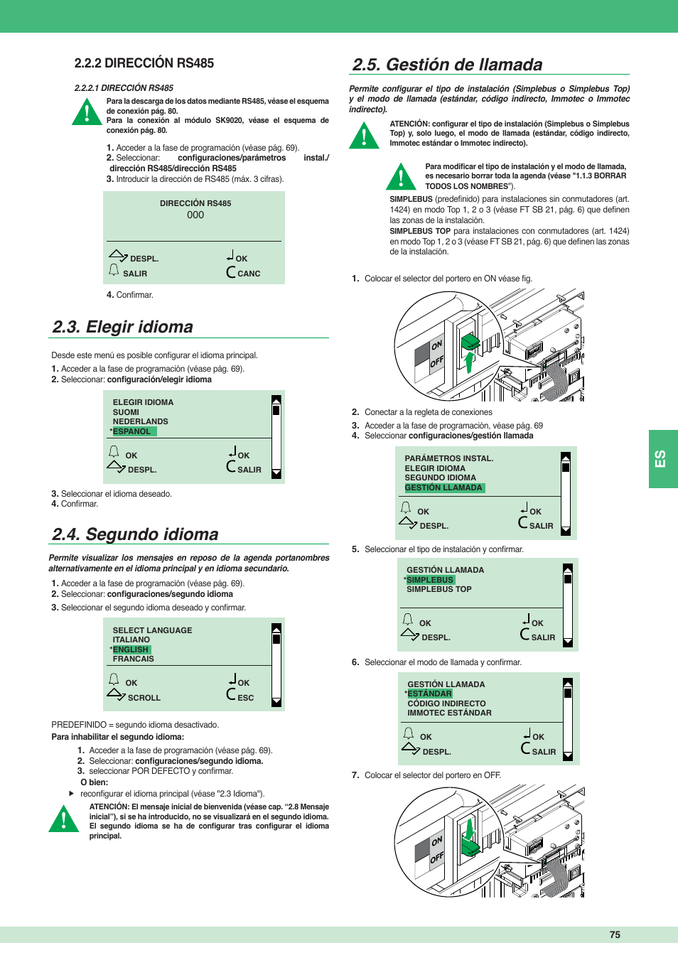 Elegir idioma, Segundo idioma, Gestión de llamada | 2 dirección rs485 | Comelit MT 3451 User Manual | Page 75 / 80