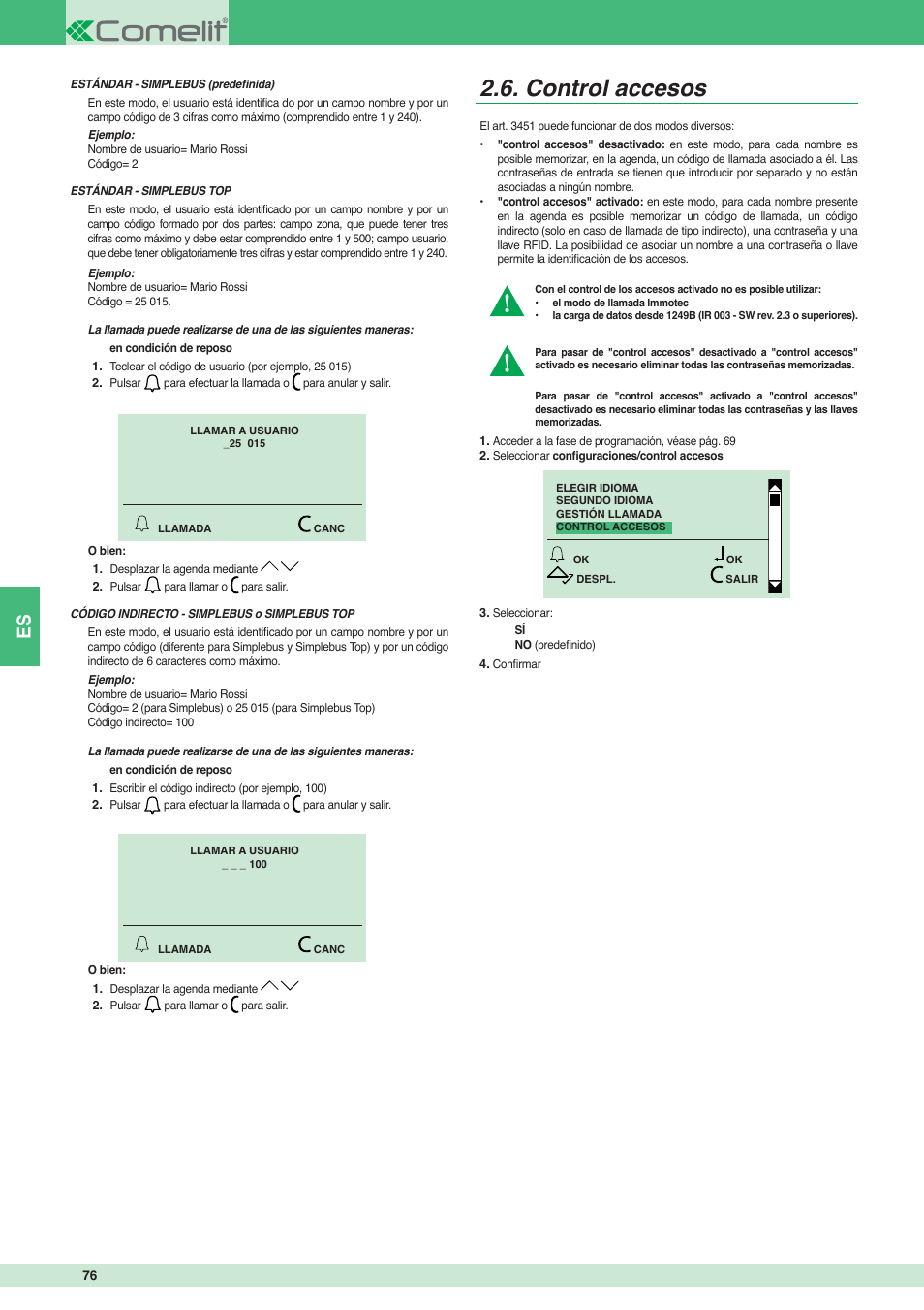 Control accesos | Comelit MT 3451 User Manual | Page 76 / 80