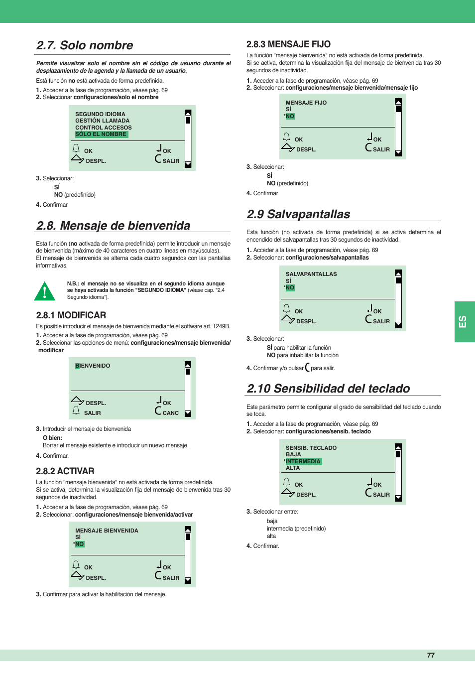 Solo nombre 2.8. mensaje de bienvenida, 9 salvapantallas, 10 sensibilidad del teclado | 1 modificar, 2 activar, 3 mensaje fijo | Comelit MT 3451 User Manual | Page 77 / 80