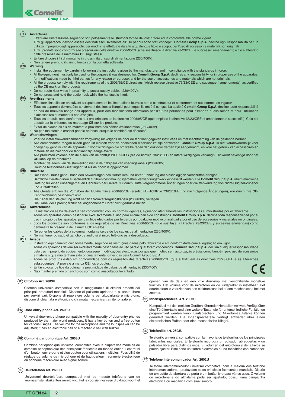 022009-10_ft gen 24.pdf | Comelit FT GEN 24 2603 User Manual | Page 2 / 6