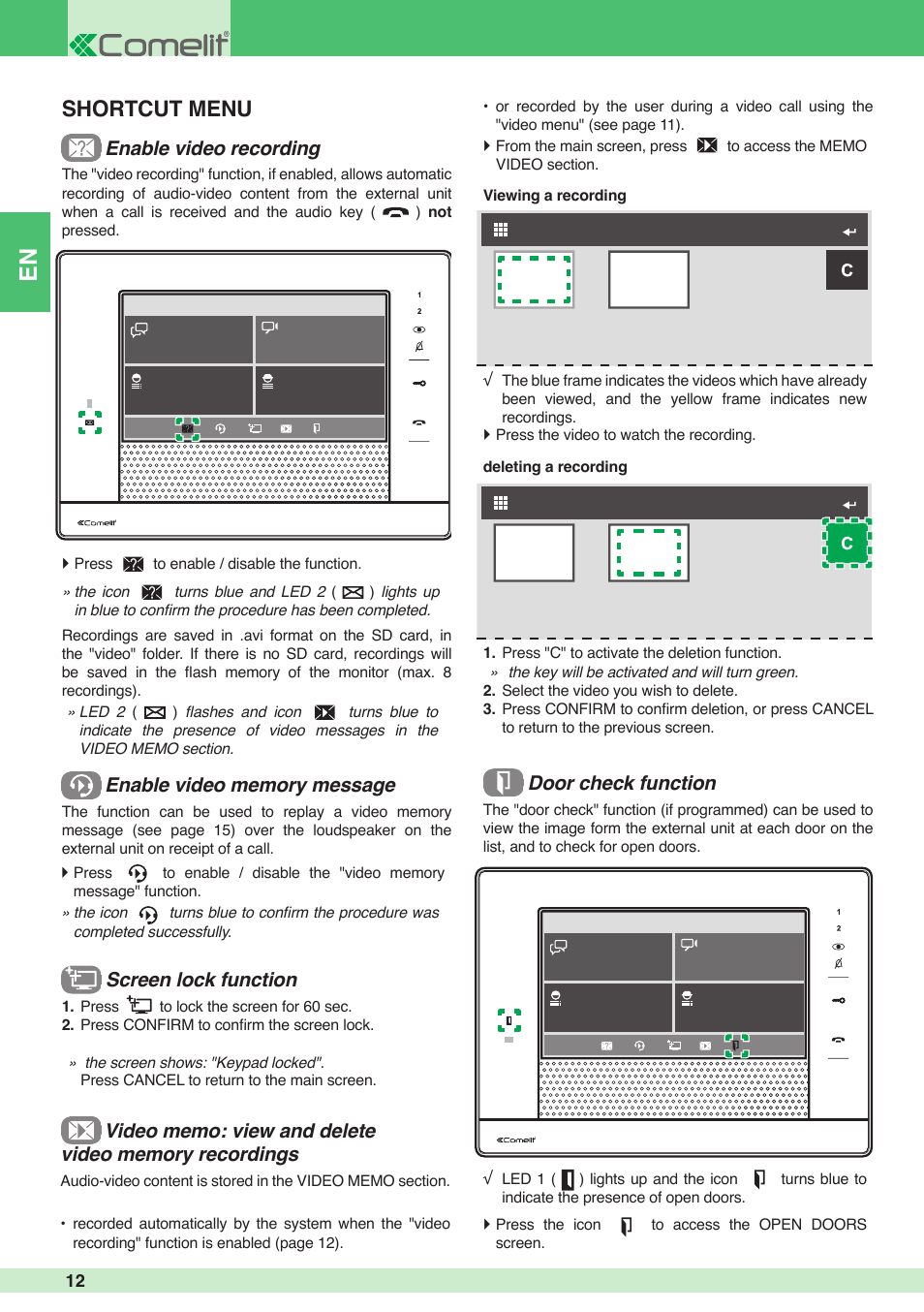 Shortcut menu | Comelit MU 6501 User Manual | Page 12 / 52