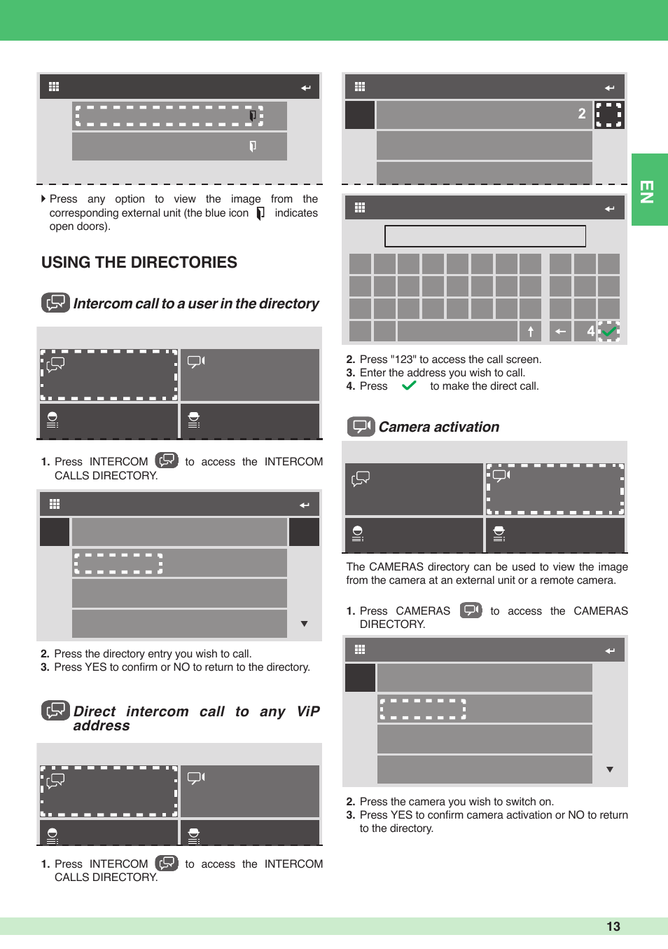 Using the directories, Camera activation | Comelit MU 6501 User Manual | Page 13 / 52