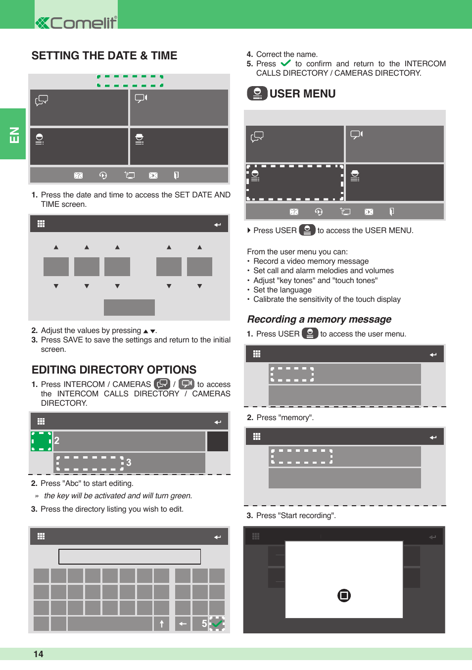 User menu editing directory options, Setting the date & time | Comelit MU 6501 User Manual | Page 14 / 52