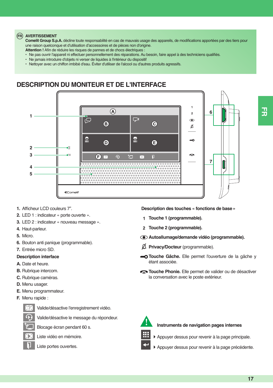 Description du moniteur et de l'interface | Comelit MU 6501 User Manual | Page 17 / 52