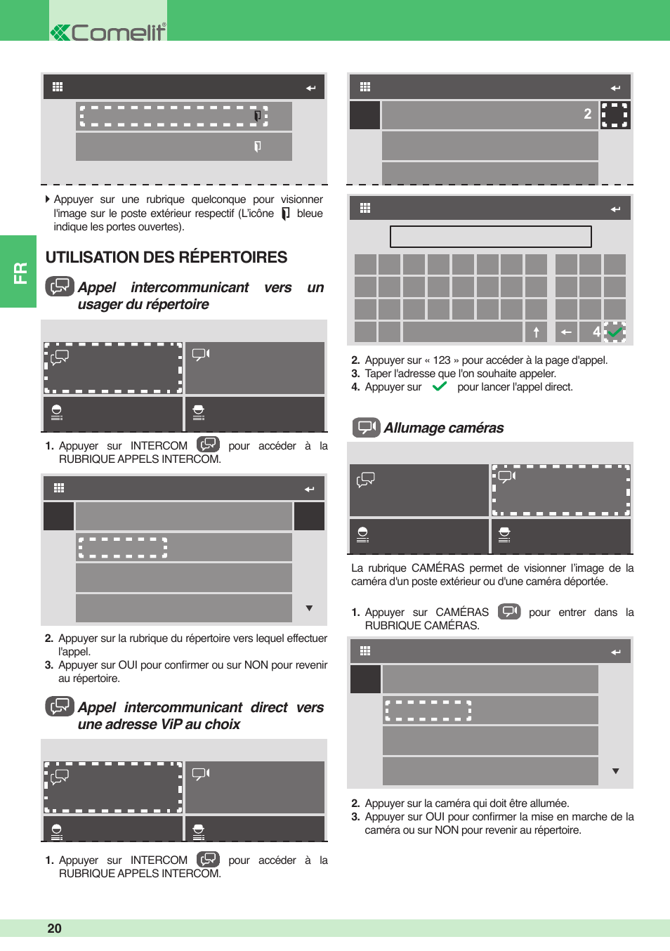 Utilisation des répertoires, Allumage caméras | Comelit MU 6501 User Manual | Page 20 / 52