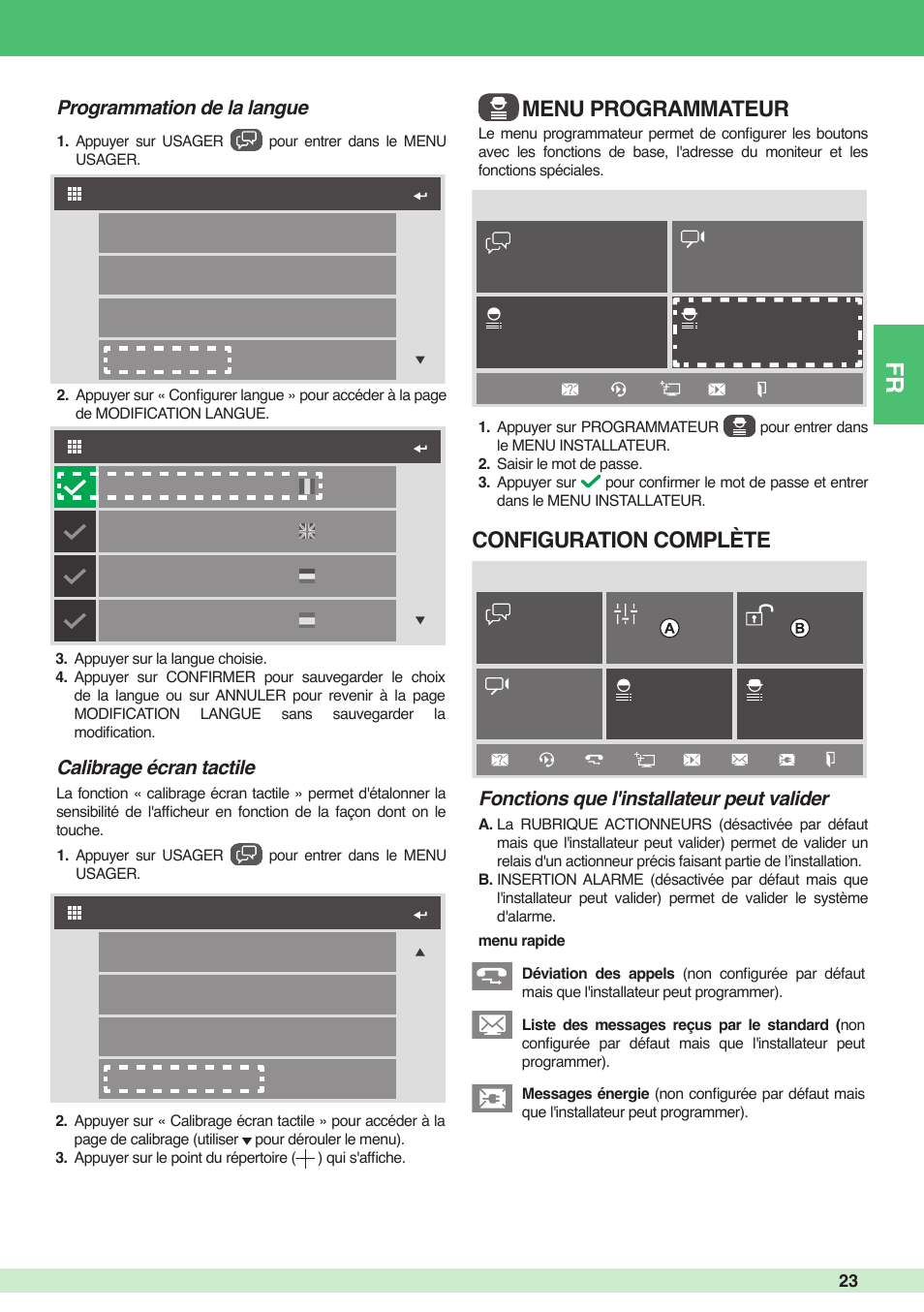 Menu programmateur configuration complète, Fonctions que l'installateur peut valider, Calibrage écran tactile | Programmation de la langue | Comelit MU 6501 User Manual | Page 23 / 52