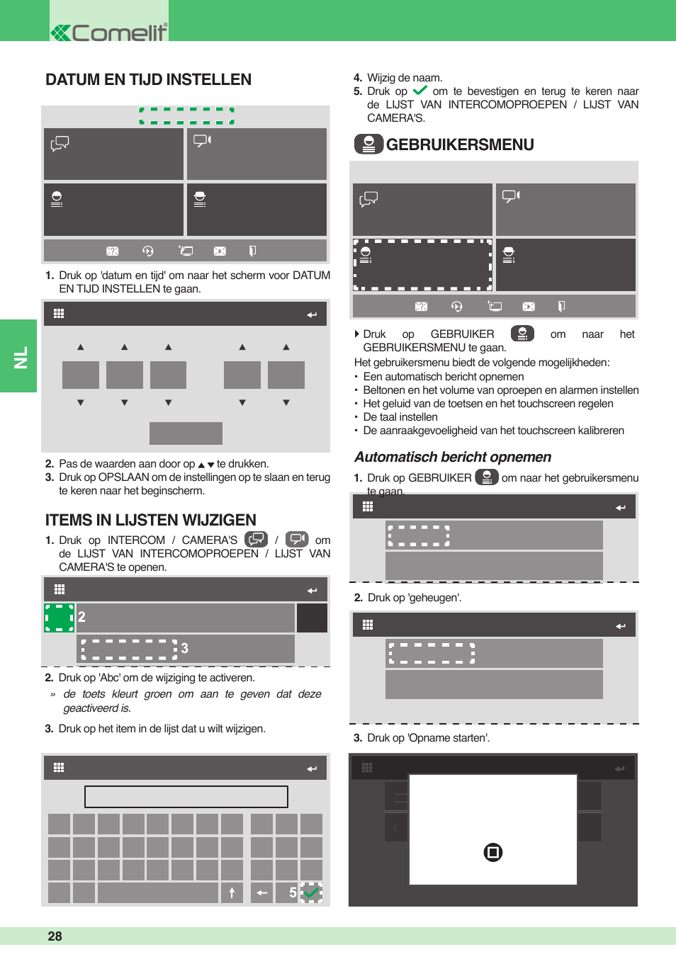 Gebruikersmenu items in lijsten wijzigen, Datum en tijd instellen, Automatisch bericht opnemen | Comelit MU 6501 User Manual | Page 28 / 52