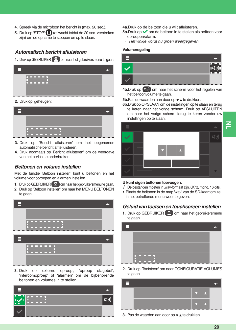 5a 4a, Geluid van toetsen en touchscreen instellen | Comelit MU 6501 User Manual | Page 29 / 52