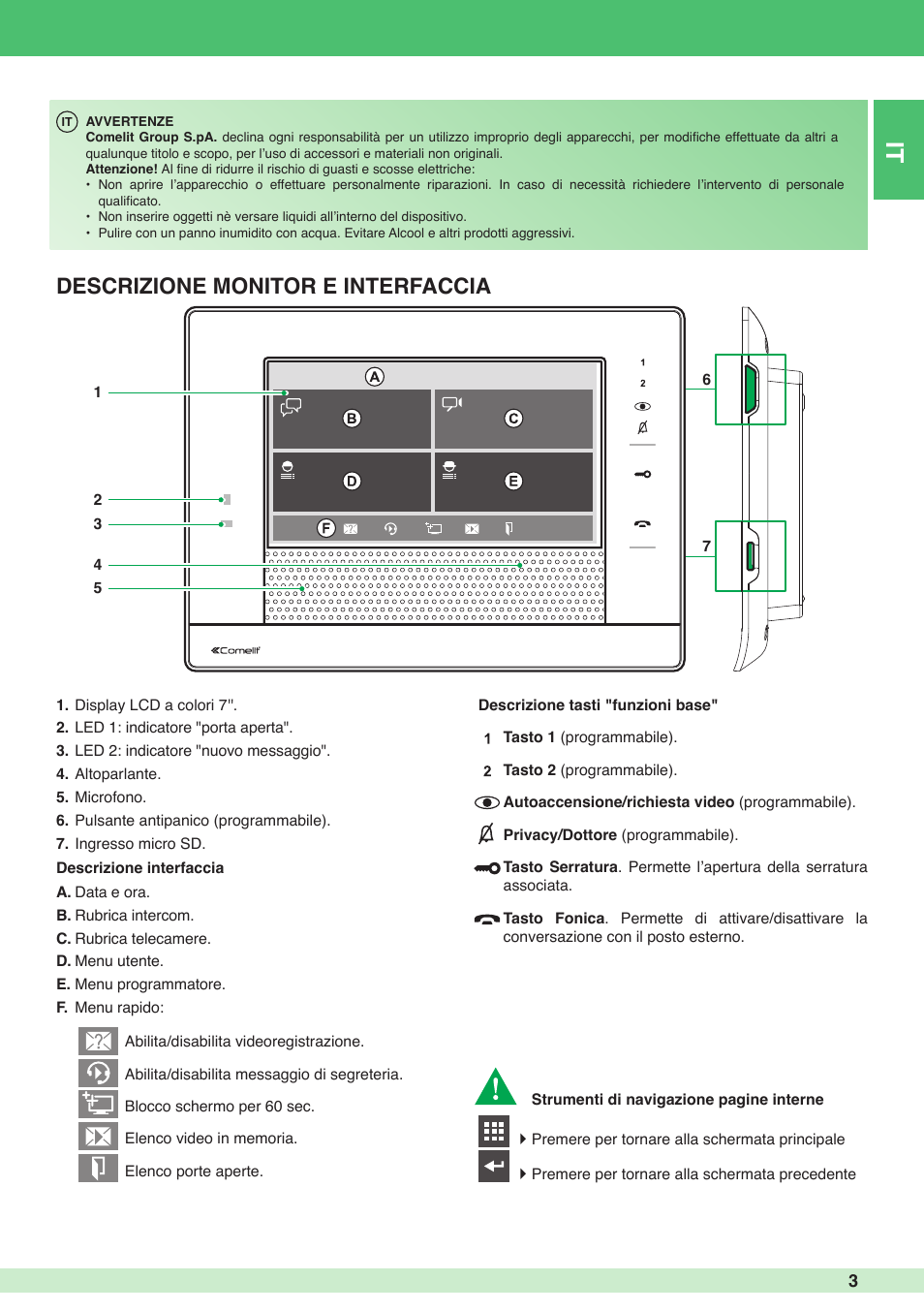 Descrizione monitor e interfaccia | Comelit MU 6501 User Manual | Page 3 / 52