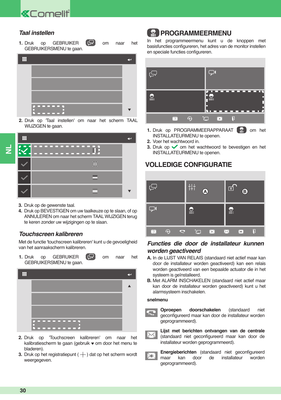 Programmeermenu volledige configuratie, Touchscreen kalibreren, Taal instellen | Comelit MU 6501 User Manual | Page 30 / 52
