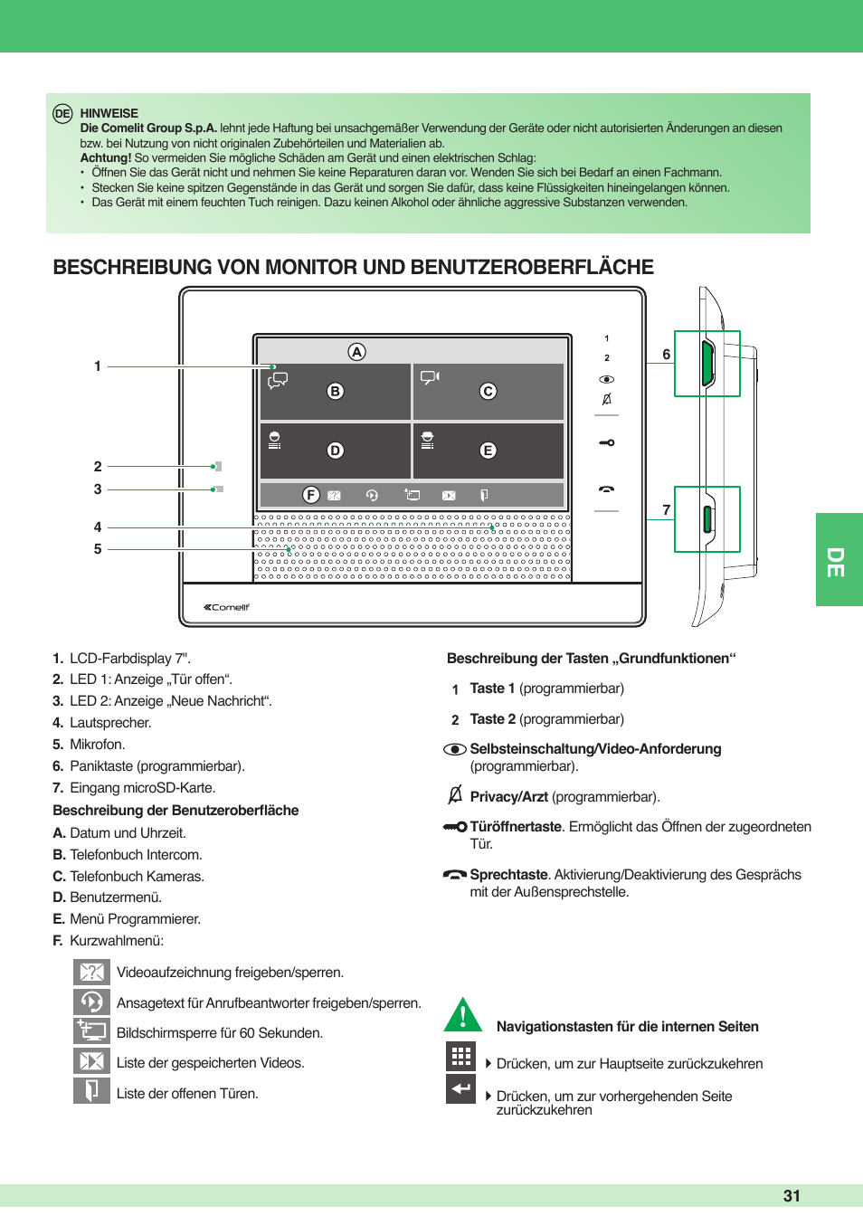 Beschreibung von monitor und benutzeroberfläche | Comelit MU 6501 User Manual | Page 31 / 52