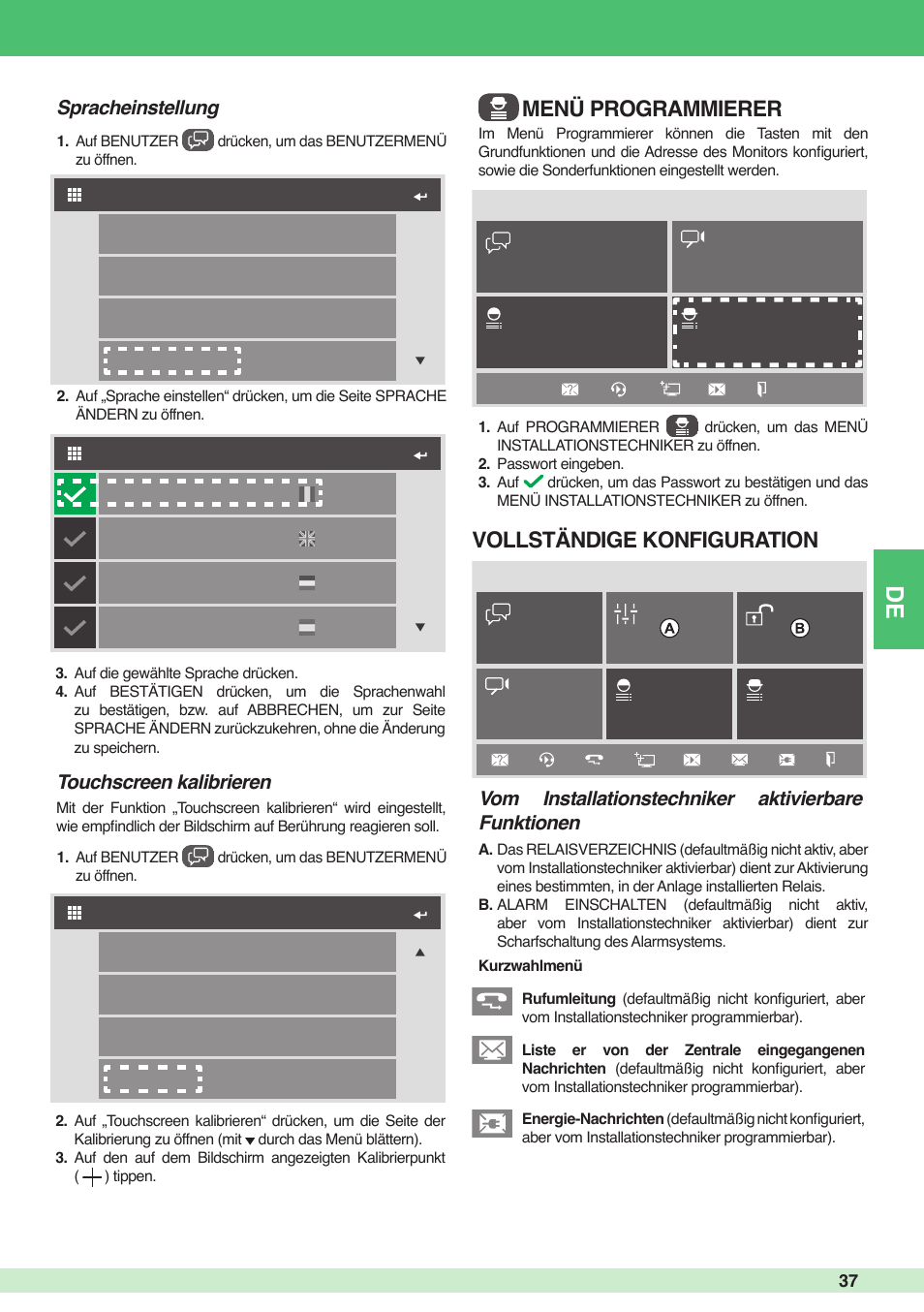 Menü programmierer vollständige konfiguration, Vom installationstechniker aktivierbare funktionen, Touchscreen kalibrieren | Spracheinstellung | Comelit MU 6501 User Manual | Page 37 / 52