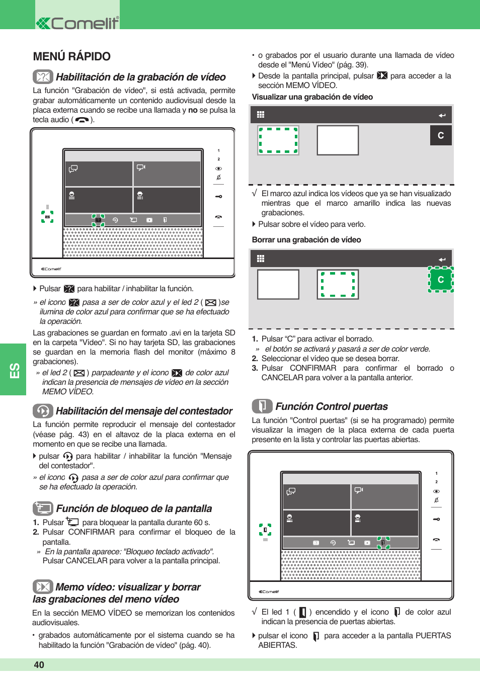 Menú rápido | Comelit MU 6501 User Manual | Page 40 / 52