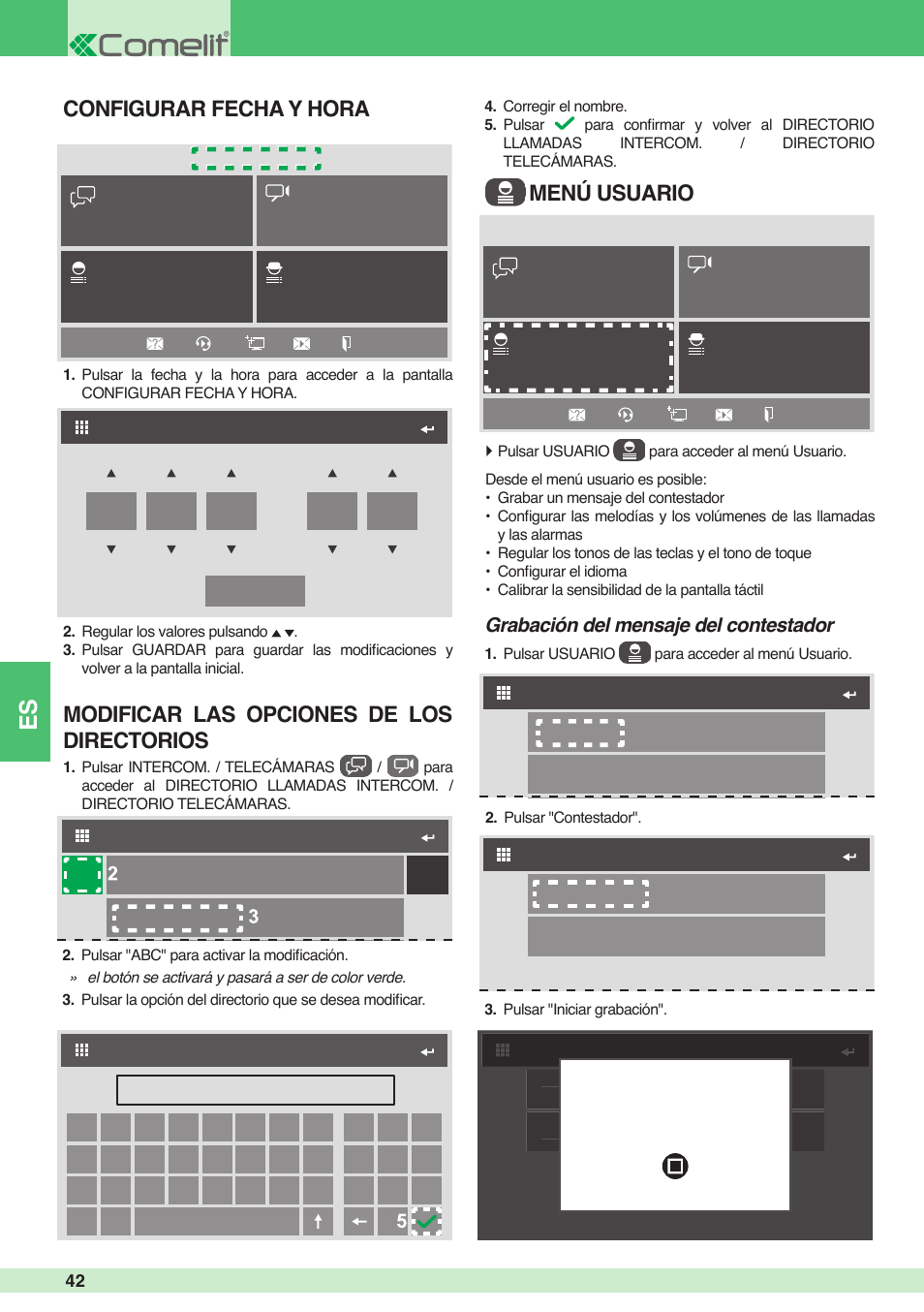 Configurar fecha y hora, Grabación del mensaje del contestador | Comelit MU 6501 User Manual | Page 42 / 52
