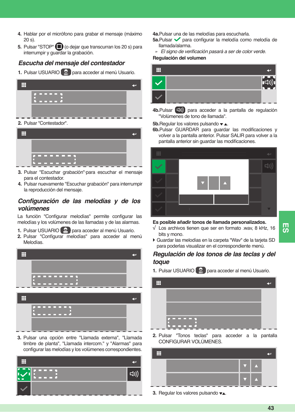 5a 4a, Regulación de los tonos de las teclas y del toque | Comelit MU 6501 User Manual | Page 43 / 52