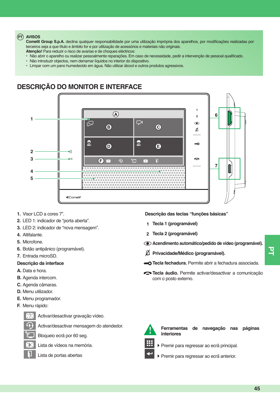 Descrição do monitor e interface | Comelit MU 6501 User Manual | Page 45 / 52