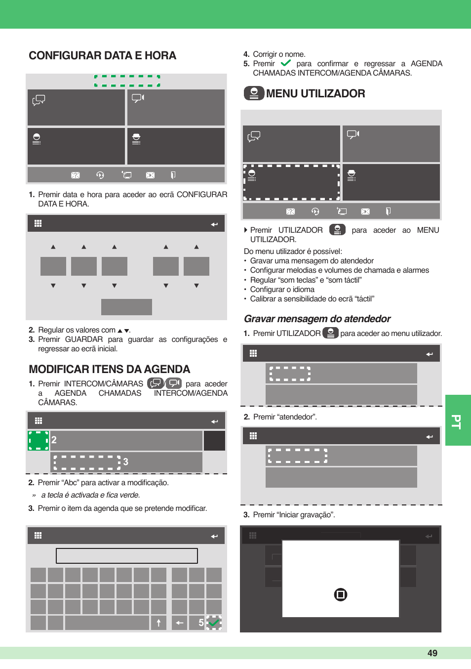 Menu utilizador modificar itens da agenda, Configurar data e hora, Gravar mensagem do atendedor | Comelit MU 6501 User Manual | Page 49 / 52