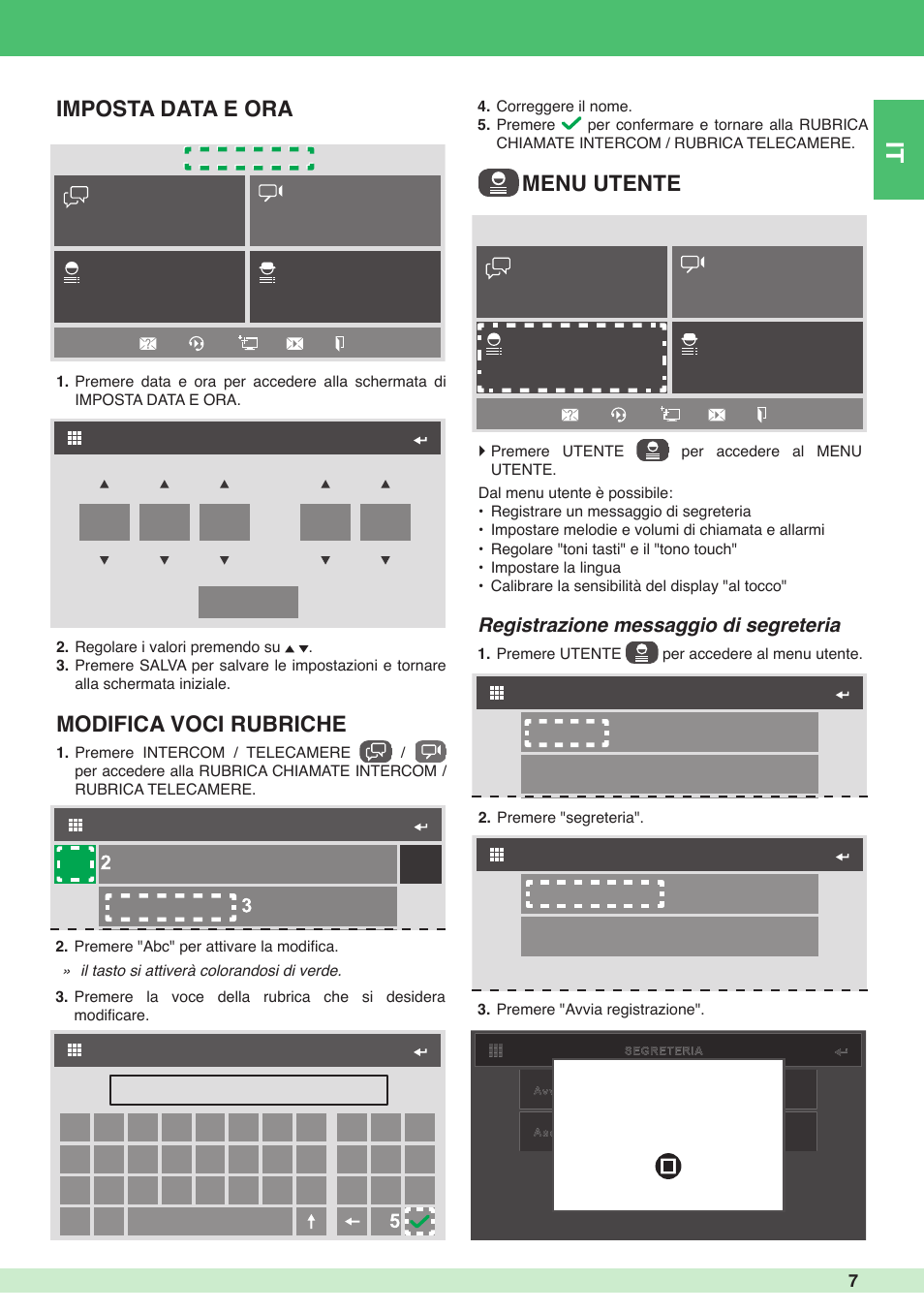 Menu utente modifica voci rubriche, Imposta data e ora, Registrazione messaggio di segreteria | Comelit MU 6501 User Manual | Page 7 / 52