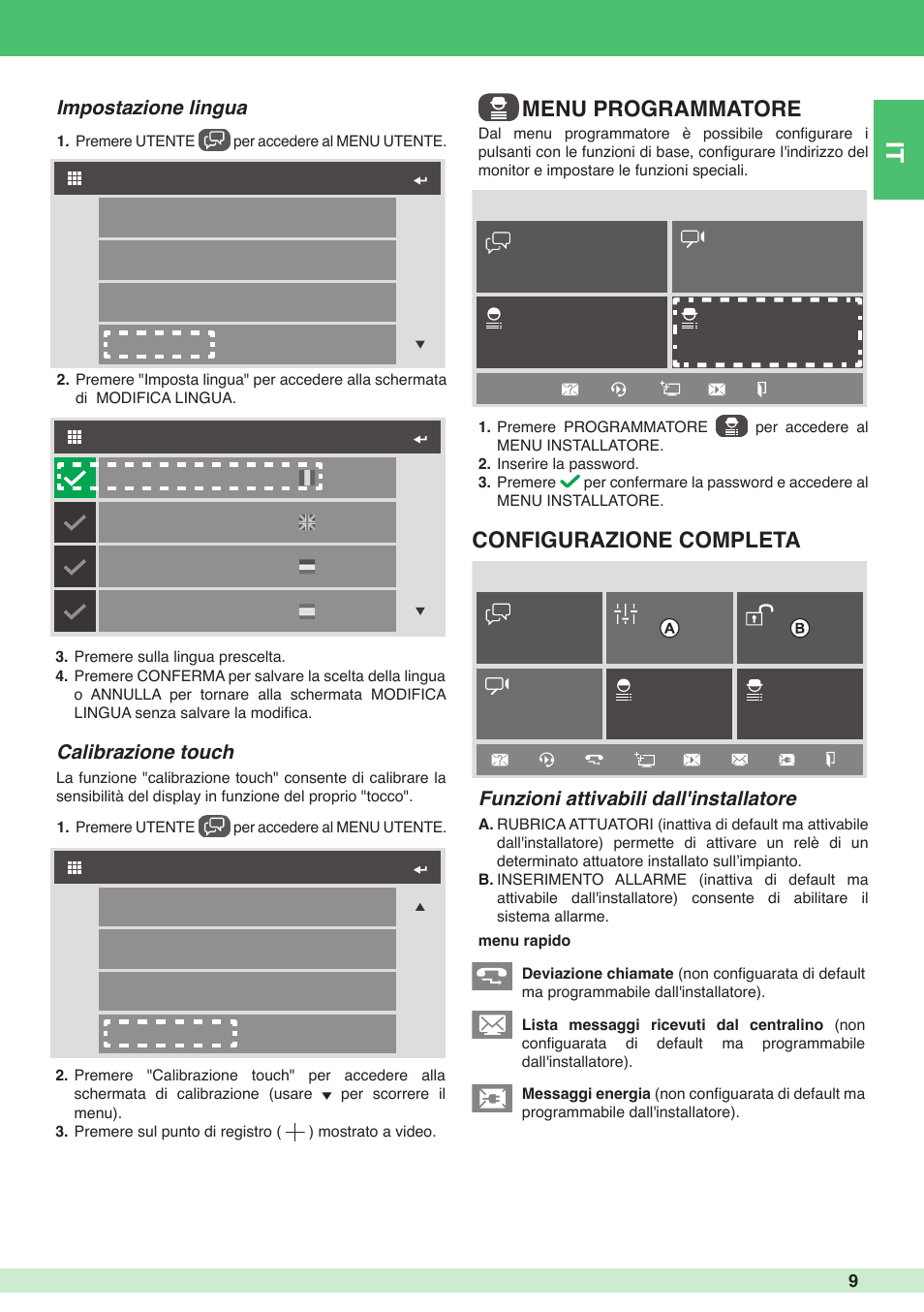 Menu programmatore configurazione completa, Funzioni attivabili dall'installatore, Calibrazione touch | Impostazione lingua | Comelit MU 6501 User Manual | Page 9 / 52