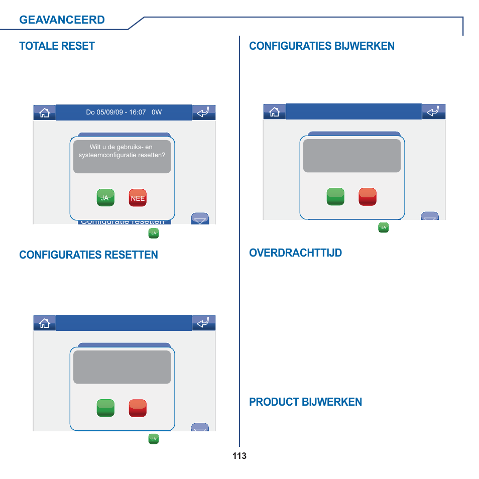 Geavanceerd configuraties resetten, Product bijwerken, Totale reset | Configuraties bijwerken, Overdrachttijd | Comelit MT 6101WM-6101BM User Manual | Page 113 / 116