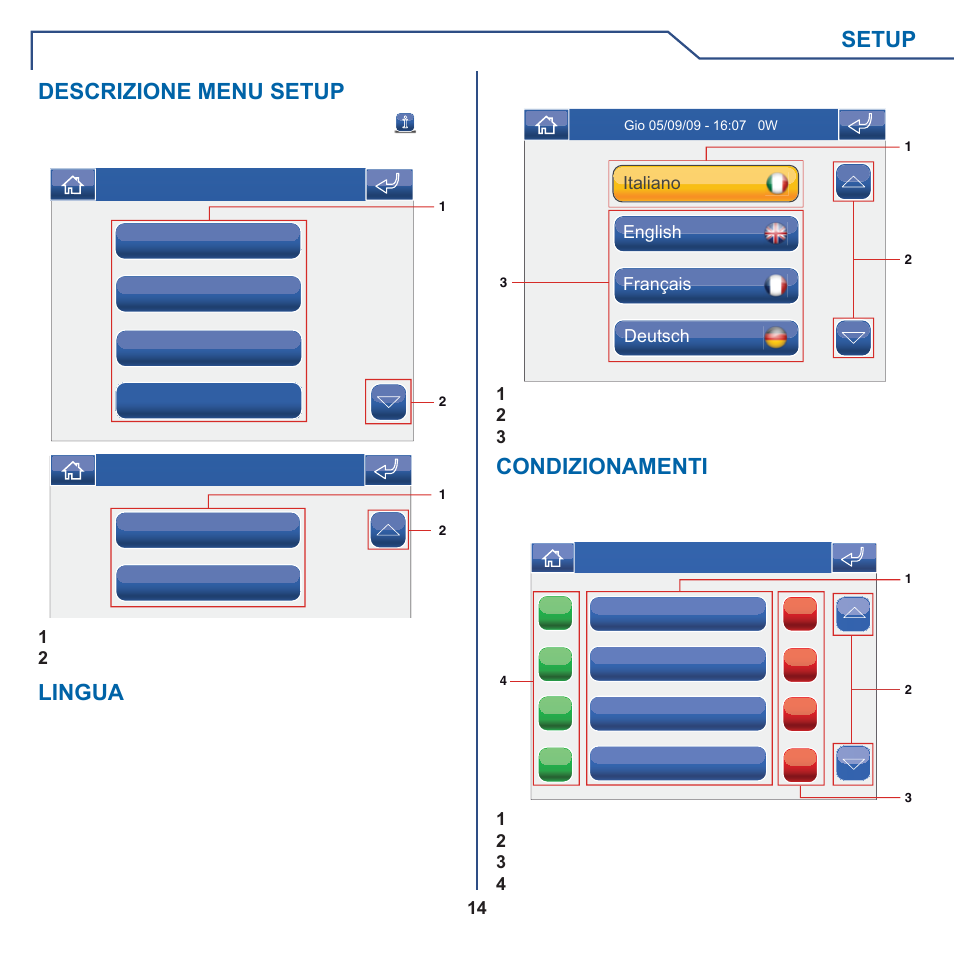 Setup, Descrizione menu setup, Lingua | Condizionamenti | Comelit MT 6101WM-6101BM User Manual | Page 14 / 116