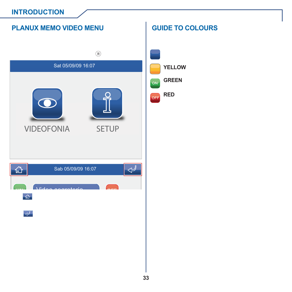 Videofonia setup, Guide to colours | Comelit MT 6101WM-6101BM User Manual | Page 33 / 116