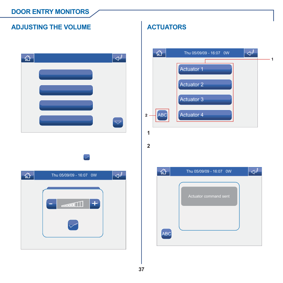 Door entry monitors, Adjusting the volume, Actuators | Comelit MT 6101WM-6101BM User Manual | Page 37 / 116