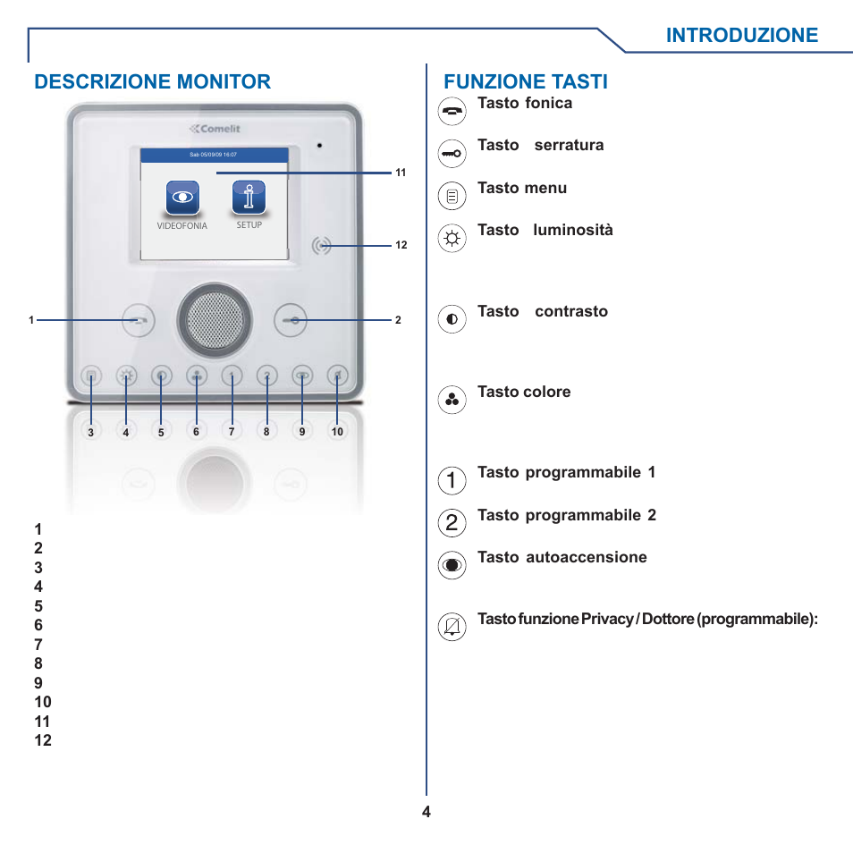 Introduzione, Funzione tasti, Descrizione monitor | Comelit MT 6101WM-6101BM User Manual | Page 4 / 116