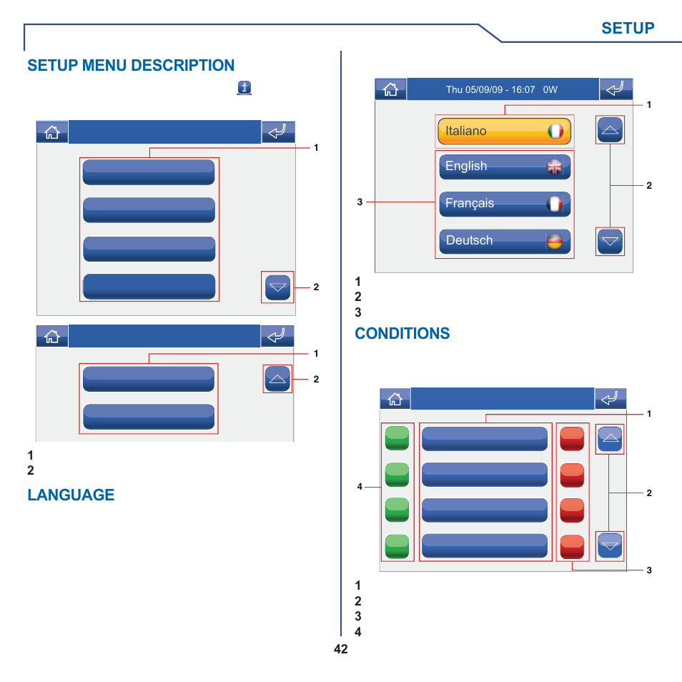 Setup, Setup menu description, Language | Conditions | Comelit MT 6101WM-6101BM User Manual | Page 42 / 116